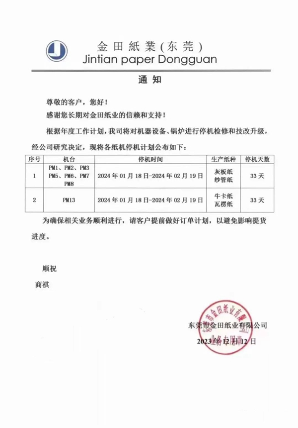 山鷹五大基地宣布漲價 東莞金田紙業(yè)公布年度停機計劃