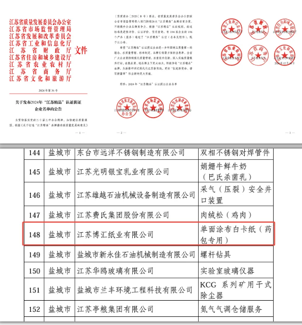 江蘇博匯紙業(yè)榮獲2024年“江蘇精品”認(rèn)證