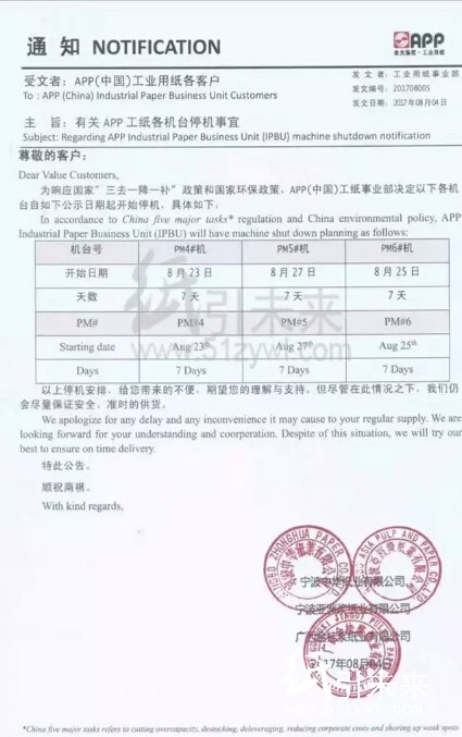 金光APP紙業(yè)八月第一張停機(jī)函