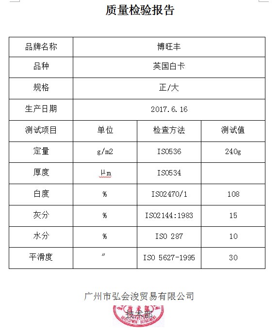 質(zhì)量檢驗報告  英國白卡240g