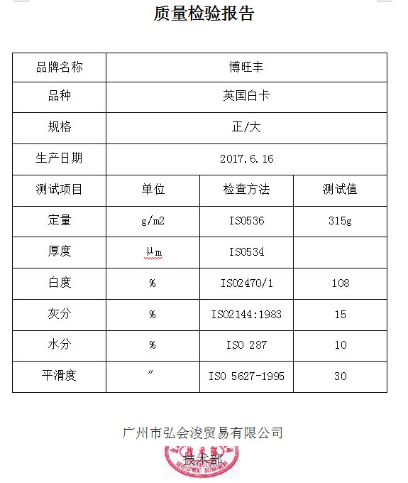 質(zhì)檢報告  英國白卡 315g