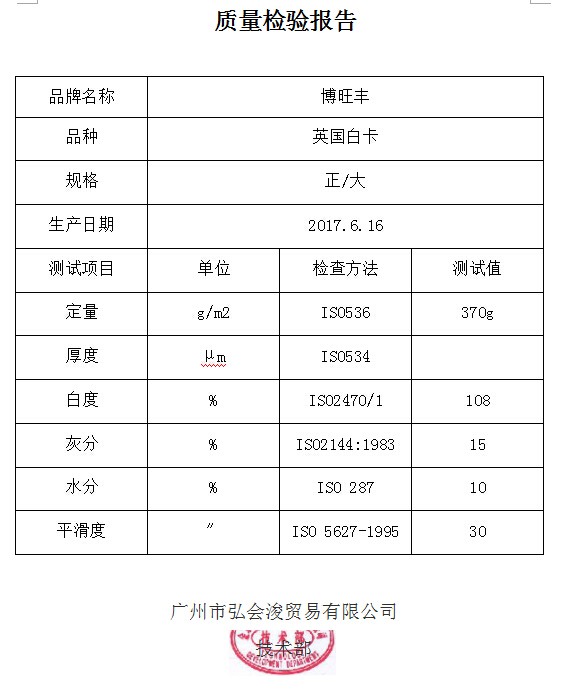 質(zhì)量檢驗(yàn)報(bào)告 英國白卡 370g