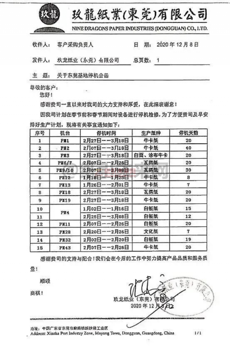 2021年東莞玖龍紙業(yè)春節(jié)停機檢修計劃