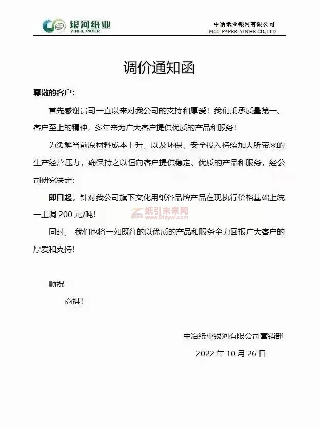 中治紙業(yè)銀河有限公司營銷部 紙張價格