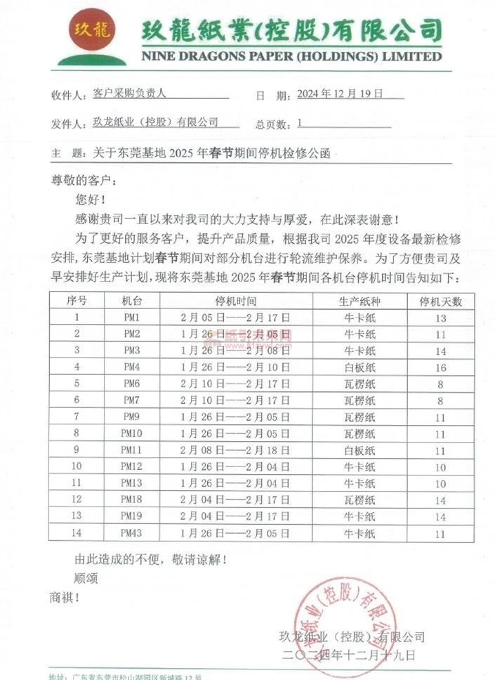 東莞玖龍2025年春節(jié)停機(jī)時(shí)間公布